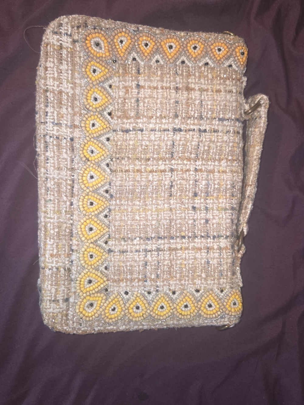 Beaded Tweed Envelope Clutch in Beige and Yellow